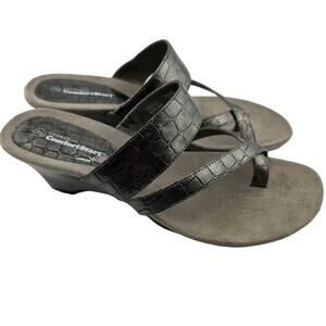 George Comfort Start Silver Faux Leather Alligator Strappy Sandal Heel Size 7.5